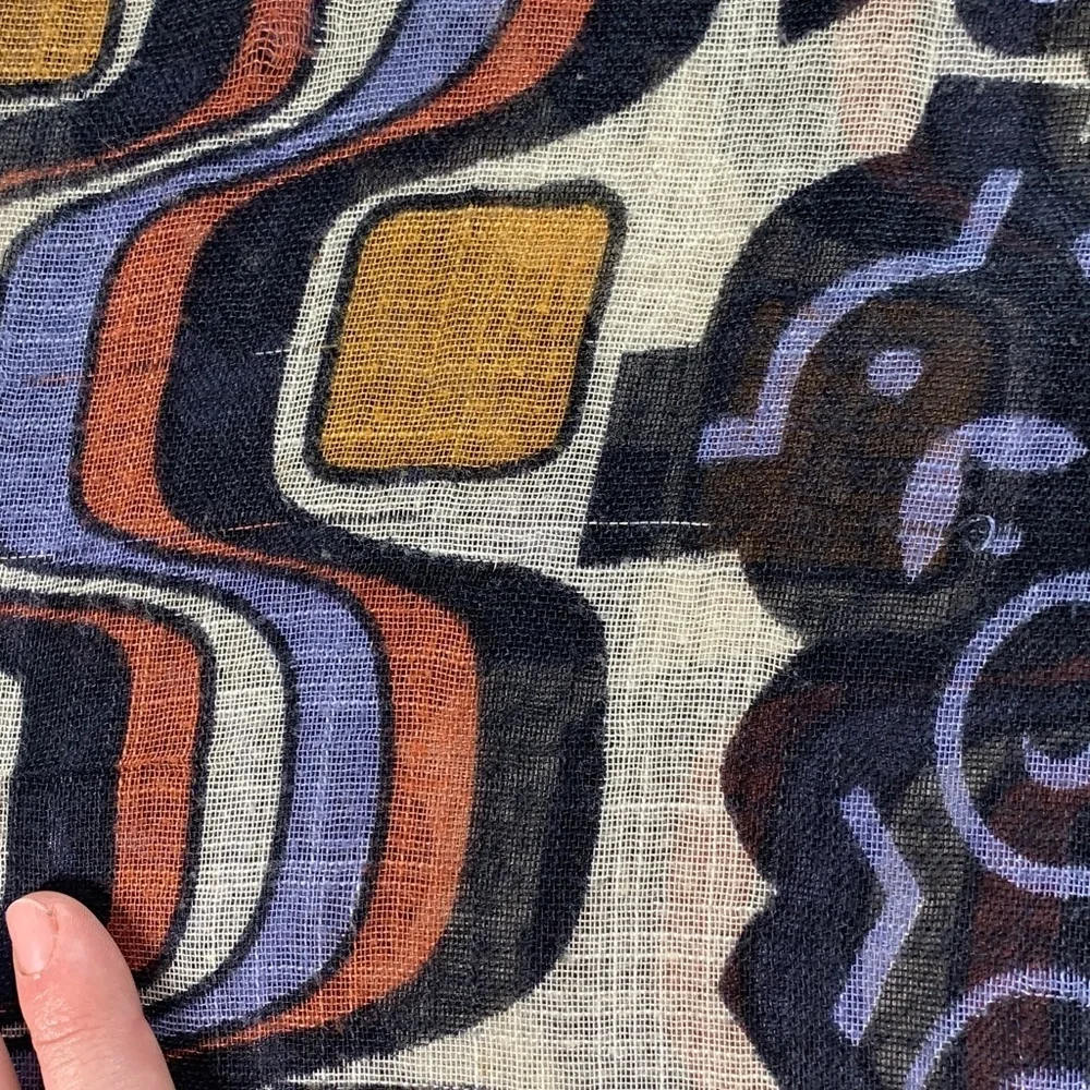 J McLaughlin tribal print scarf black, cream, yellow, blue, and rust